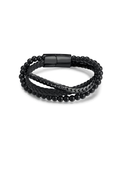 [1544] Bracelet black Titanium Steel Artificial Leather Weave Hip Hop Strand Bracelet